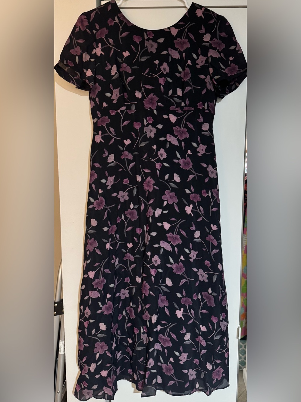 Talbots vintage short sleeve black maxi Dress with Purple Floral Print